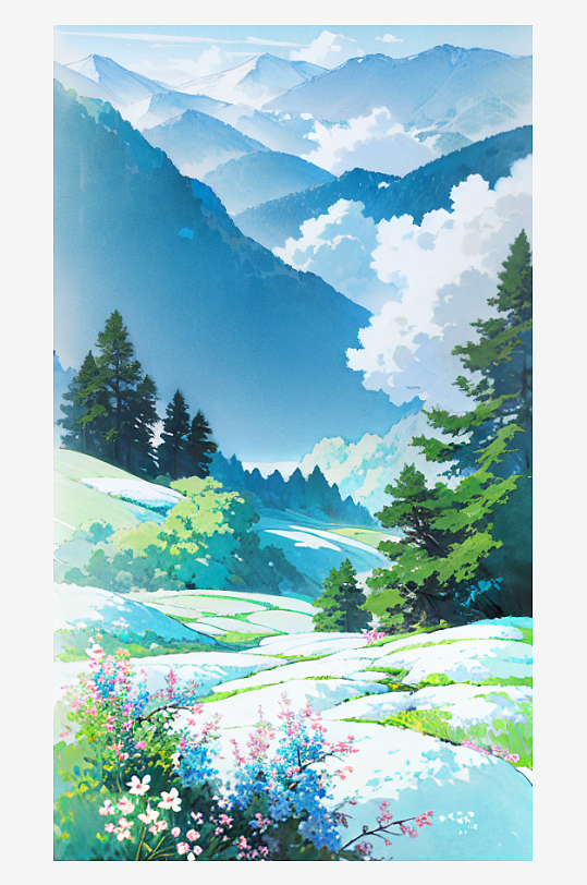 蓝色春天白云山水花树自然风景插画