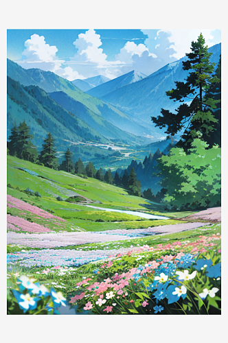 蓝色春天白云山水花树自然风景插画