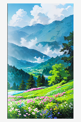 蓝色春天白云山水花树自然风景插画