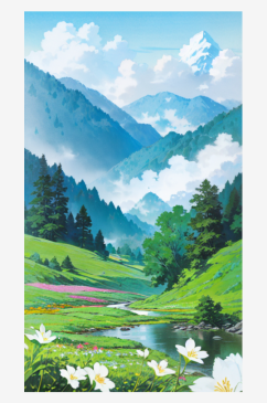 蓝色春天白云山水花树自然风景插画