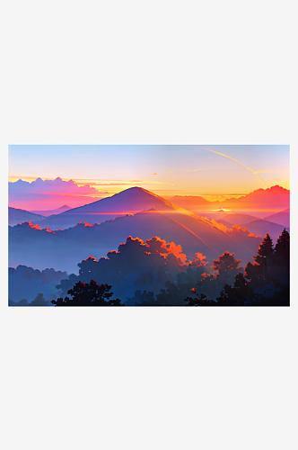 黄昏夕阳日落风景唯美插画