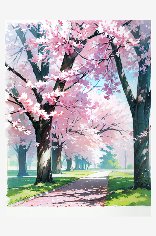 春季道路两旁粉色的树插画