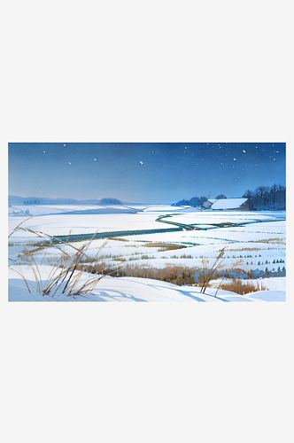 冬季乡村积雪河边芦苇丛唯美夜景插画