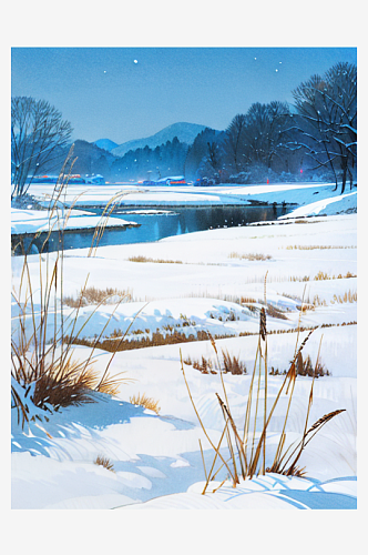 冬季乡村积雪河边芦苇丛唯美夜景插画