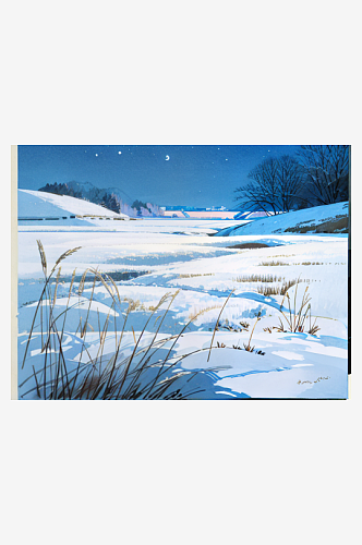 冬季乡村积雪河边芦苇丛唯美夜景插画