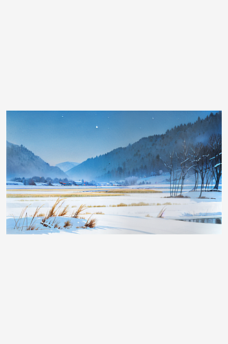 冬季乡村积雪河边芦苇丛唯美夜景插画