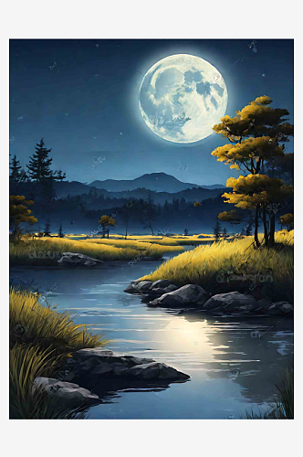 创意夜晚月光下的自然风景插画