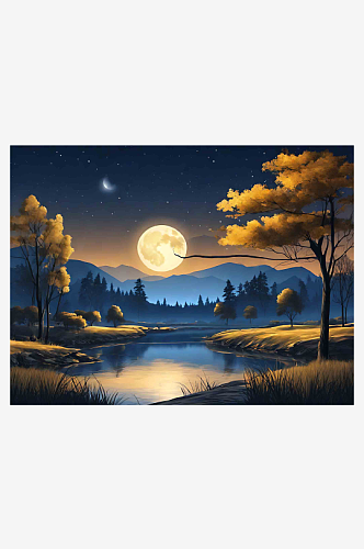 创意夜晚月光下的自然风景插画