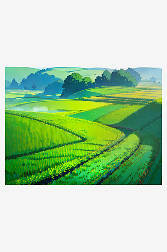 春季乡间绿油油的水稻田插画AI数字艺术