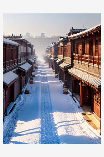 冬天古镇唯美雪景AI数字艺术