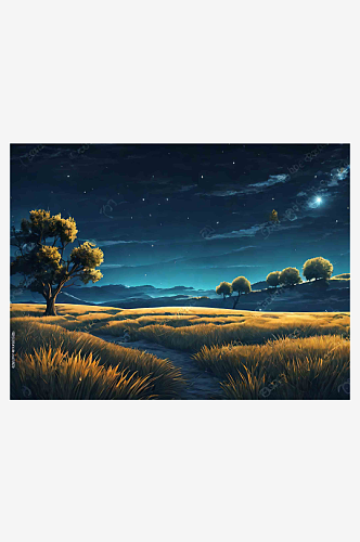 夜空中美丽的草原AI数字艺术