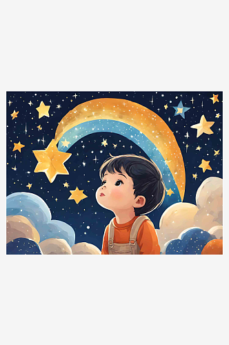 仰望星空的孩子插画AI数字艺术