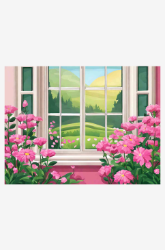 春天窗外粉色的花朵插画AI数字艺术