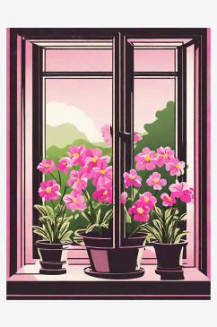 春天窗外粉色的花朵插画AI数字艺术