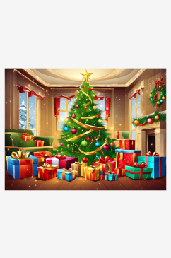圣诞树和圣诞礼物插画AI数字艺术