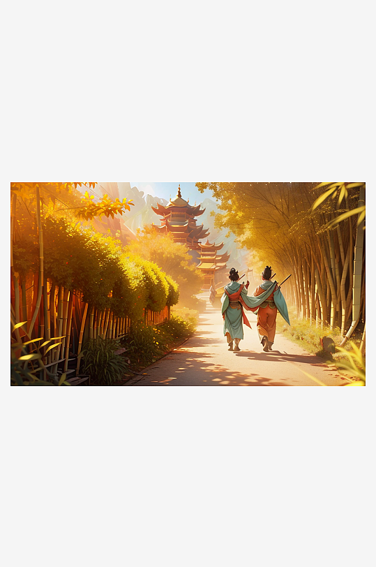 竹林中走出的两个人背影插画AI数字艺术
