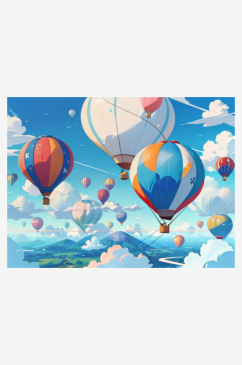 夏季热气球天空白云插画AI数字艺术