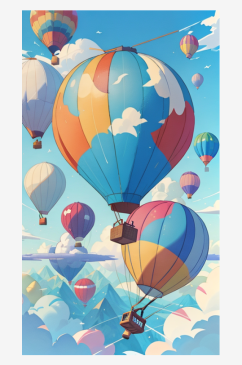 夏季热气球天空白云插画AI数字艺术