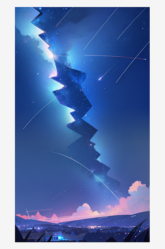 蓝色浪漫星空流星插画AI数字艺术