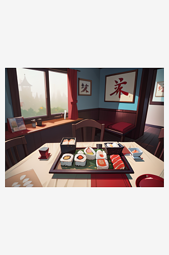 卡通风餐桌上的寿司AI数字艺术