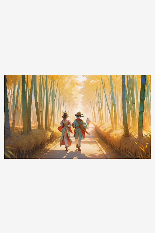 竹林中走出的两个人背影插画AI数字艺术