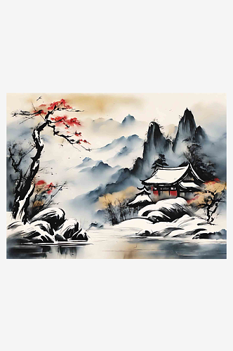 中国风冬日山河插画AI数字艺术