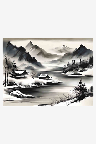 中国风冬日山河插画AI数字艺术