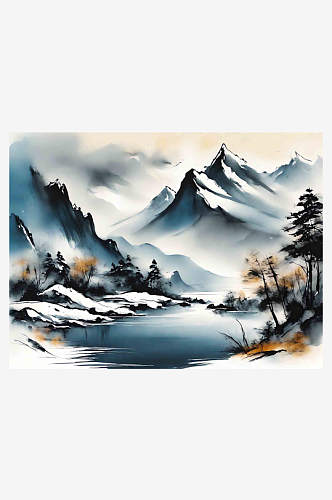 中国风冬日山河插画AI数字艺术