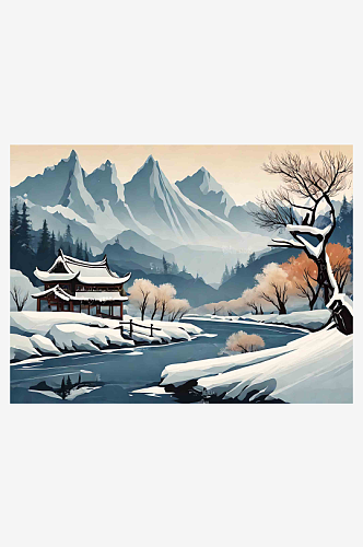 中国风冬日山河插画AI数字艺术