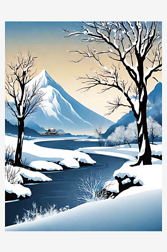 中国风冬日山河插画AI数字艺术