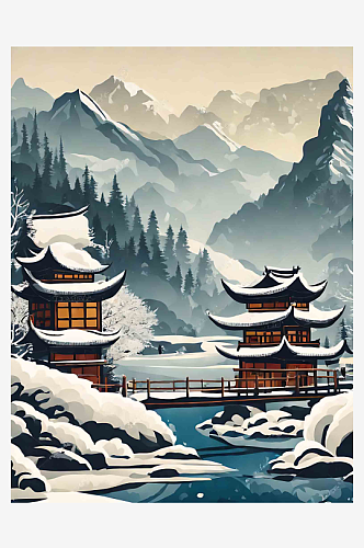 中国风冬日山河插画AI数字艺术