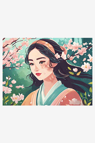 春天唯美治愈女孩森林风景插画