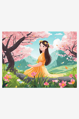 春天唯美治愈女孩森林风景插画