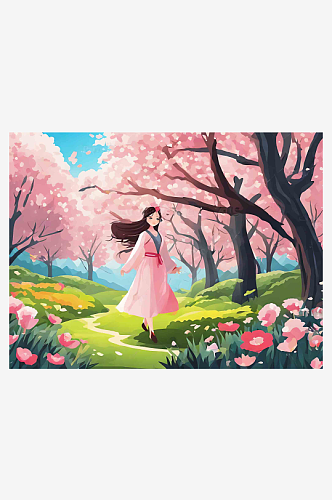 春天唯美治愈女孩森林风景插画