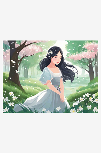 春天唯美治愈女孩森林风景插画