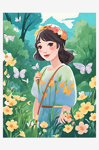 春天唯美治愈女孩森林风景插画