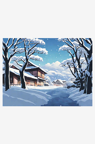 动漫风冬天雪景插画