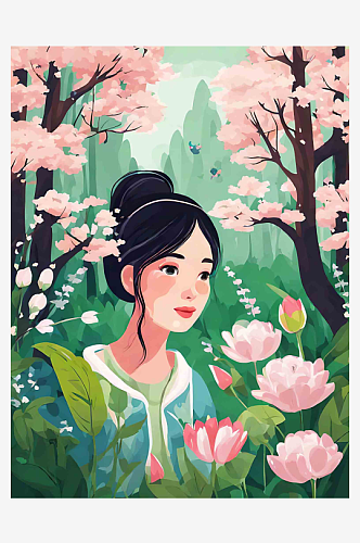 春天唯美治愈女孩森林风景插画