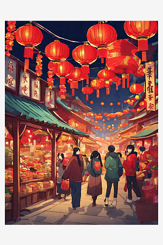 动漫风过年集市买年货场景插画