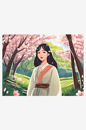 春天唯美治愈女孩森林风景插画