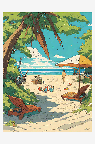 夏天沙滩插画图片