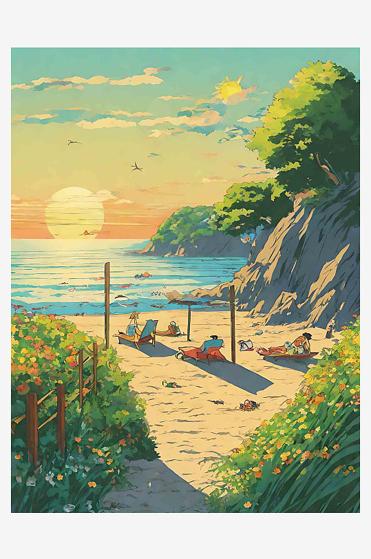 夏天沙滩插画图片