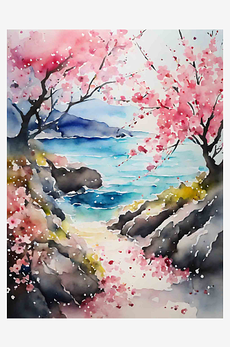 水彩画樱花风景插画