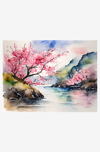 水彩画樱花风景插画