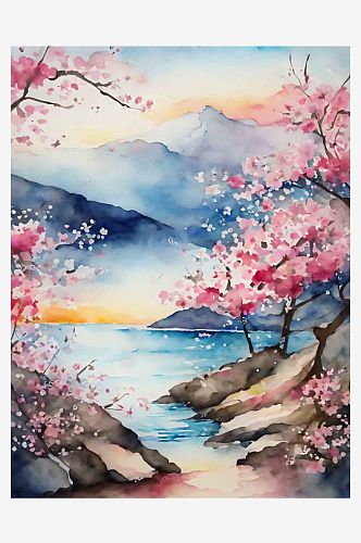 水彩画樱花风景插画