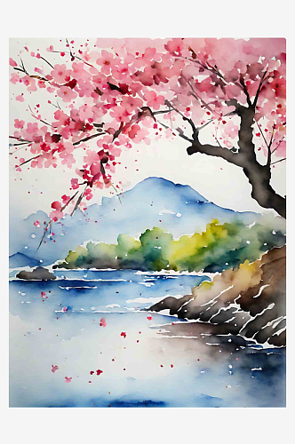 水彩画樱花风景插画