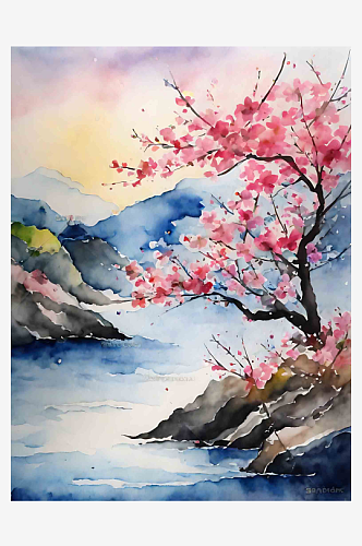 水彩画樱花风景插画