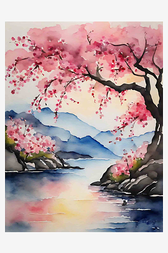 水彩画樱花风景插画