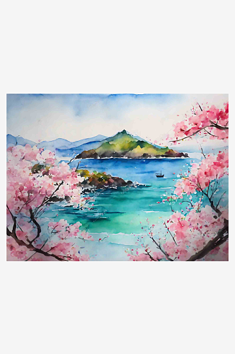 水彩画樱花风景插画