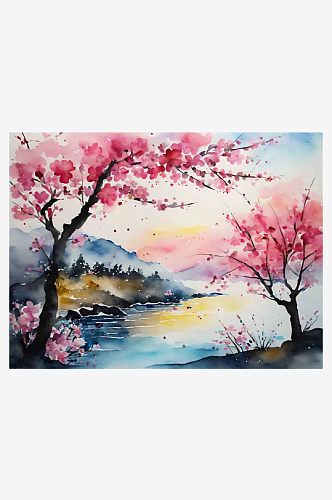 水彩画樱花风景插画